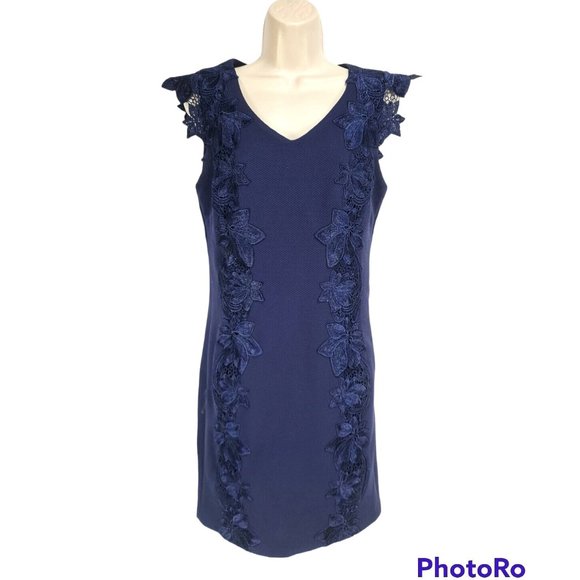 CARMEN MARC VALVO Women Size 4 Blue Sheath Mini Dress Embordered V-neck   A4P - Picture 1 of 5